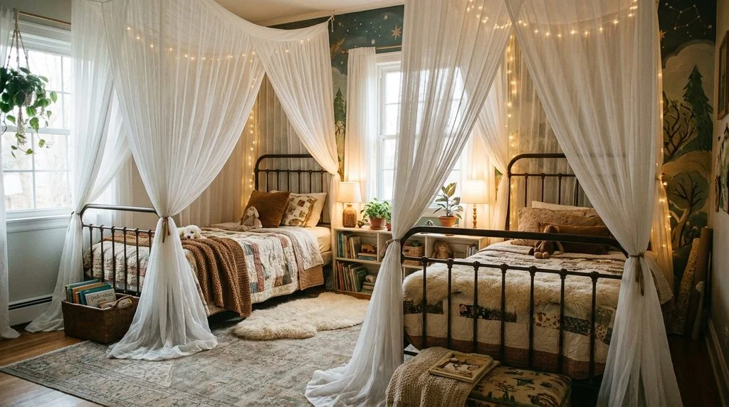 Sheer white canopy panels draped around each bed to create private spaces in a shared kids' bedroom.