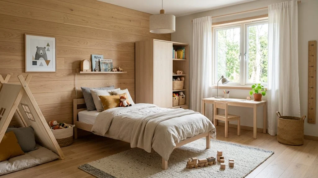 Scandinavian-inspired neutral children's bedroom with wood paneling.