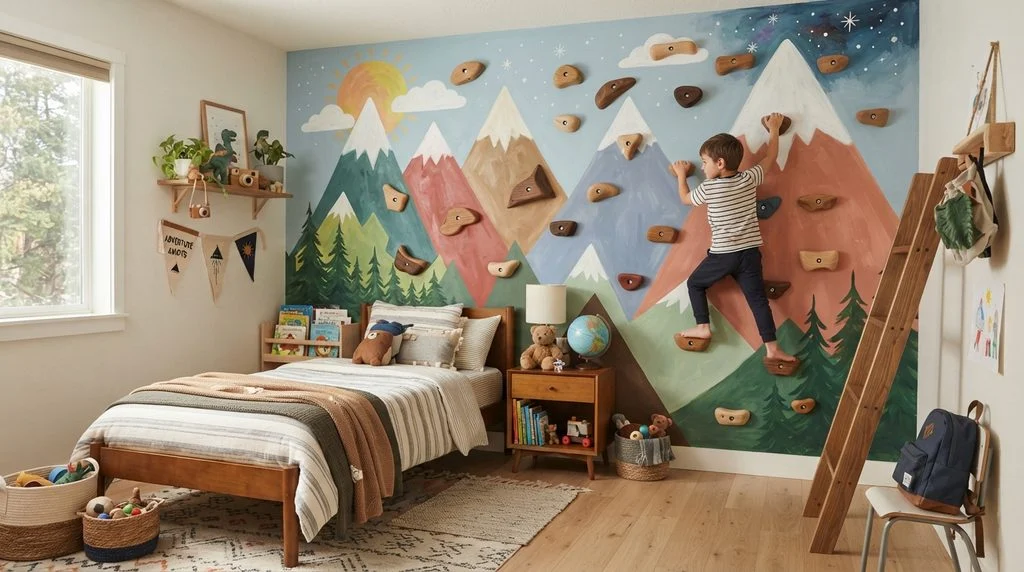 Adventure-themed kids' room with a mountain mural and climbing wall.