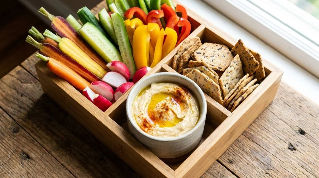 A compartment container of veggie sticks, crackers and dip for kids