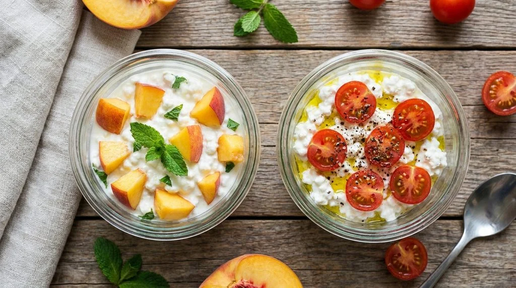Cottage cheese served two ways, with peaches and with cherry tomatoes