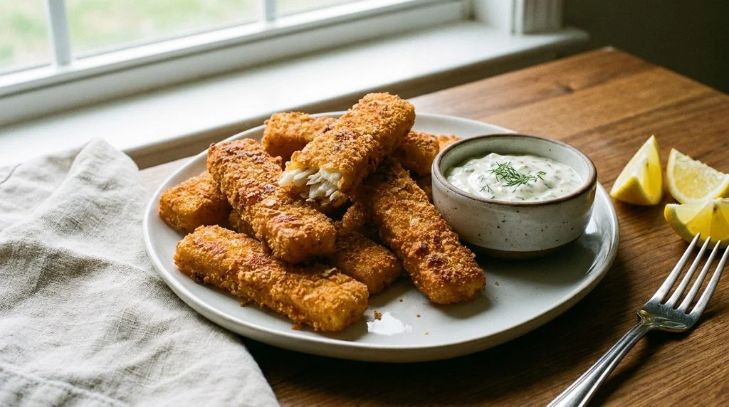 A plate of air fryer fish sticks with dipping sauce, a picky-eater school lunch