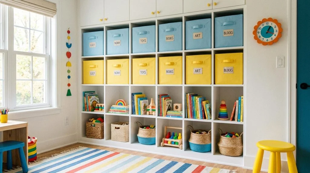 Cubby storage unit with yellow and blue colour-coded, name-labelled bins for each child in a shared room.
