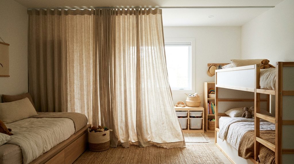 Curtain divider creating privacy between beds in a shared kids bedroom.