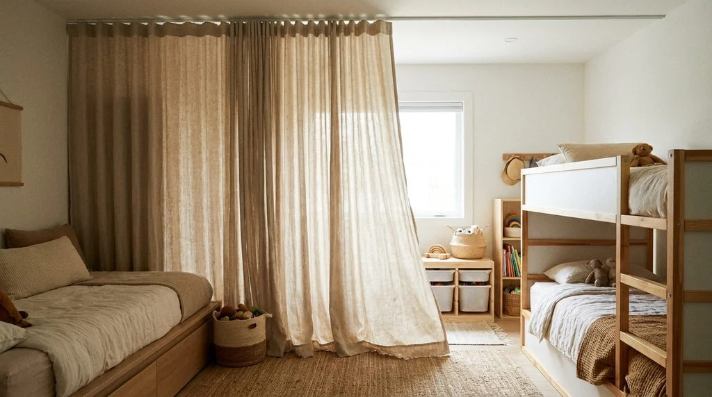 Linen curtain on a ceiling track partly drawn between two beds to divide a shared children's bedroom.