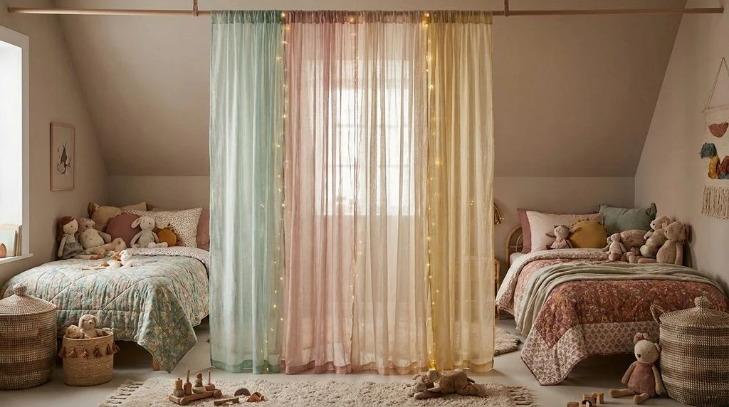 Curtain partition dividing two beds in a shared kids bedroom.