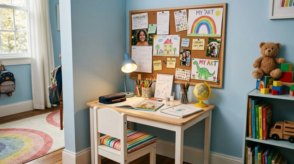 Study corner with desk and pinboard in a child's bedroom.