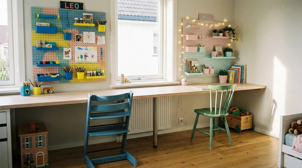 Long shared desk with two seats and two personalized pegboards in a kids' bedroom study zone.