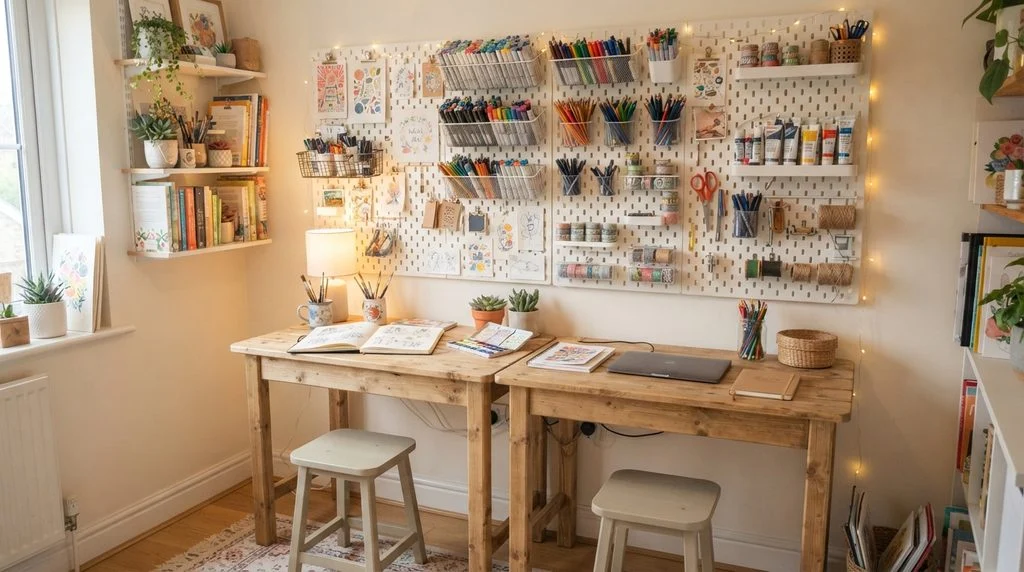 Kids' creative corner with desks and a pegboard supply wall.