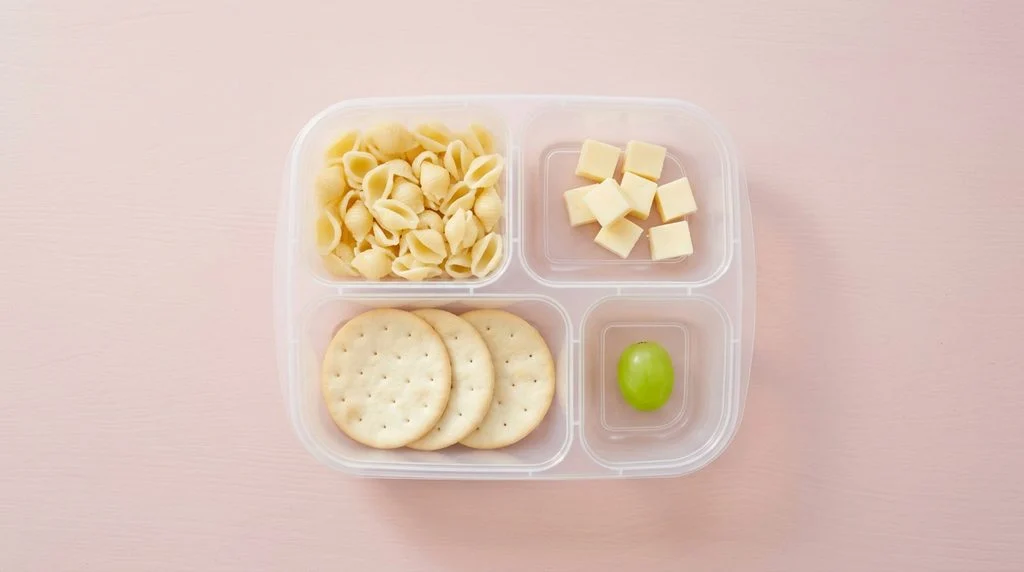 Divided lunch box packed for a picky eater with plain pasta, mild cheese cubes, three crackers, and a single grape in its own compartment.