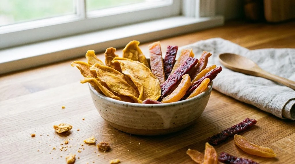 Dried mango pieces and fruit strips made from 100% fruit