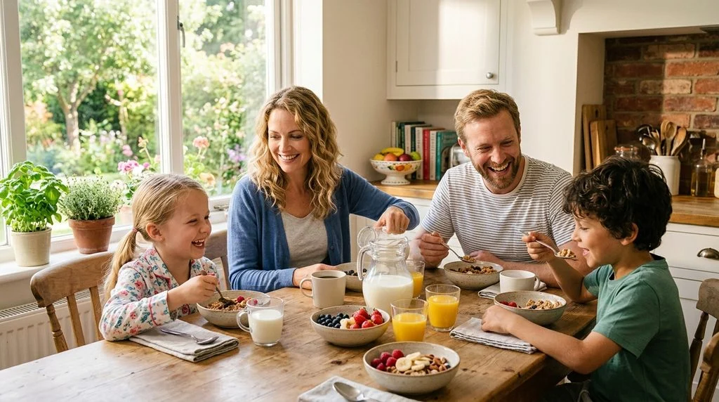 Family eating whole grain cereal as a healthy snack option.