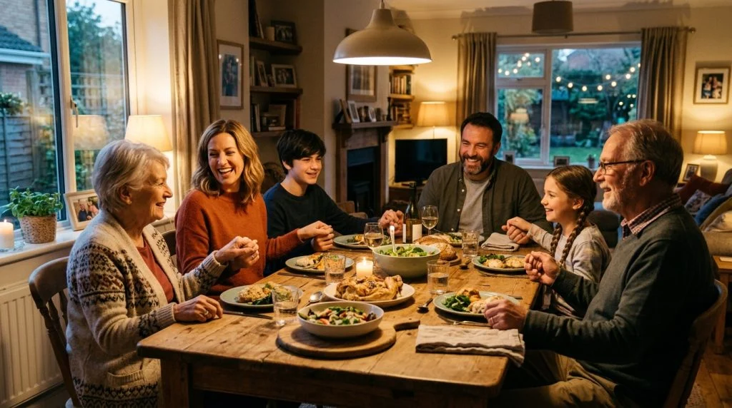 Family sharing a gratitude moment together at the dinner table.