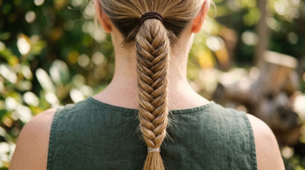 Fishtail braid ponytail hairstyle close-up.