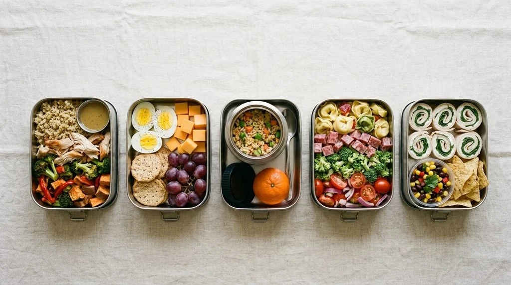 Five different high-protein school lunches lined up in a row for a week of meal prep, from chicken quinoa bowls to turkey pinwheels with cowboy caviar.