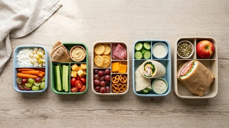Five packed kids lunch boxes side by side for different ages, from a toddler daycare container with soft foods to a middle schooler's sub sandwich and fruit.