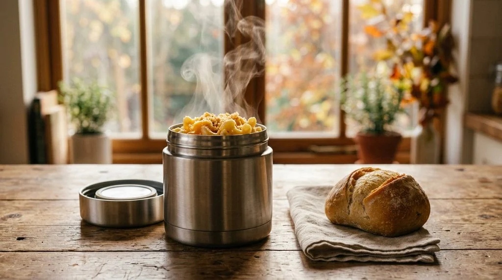 Small steel insulated food jar filled with steaming macaroni and cheese on a wooden table, with a fork and bread roll beside it.