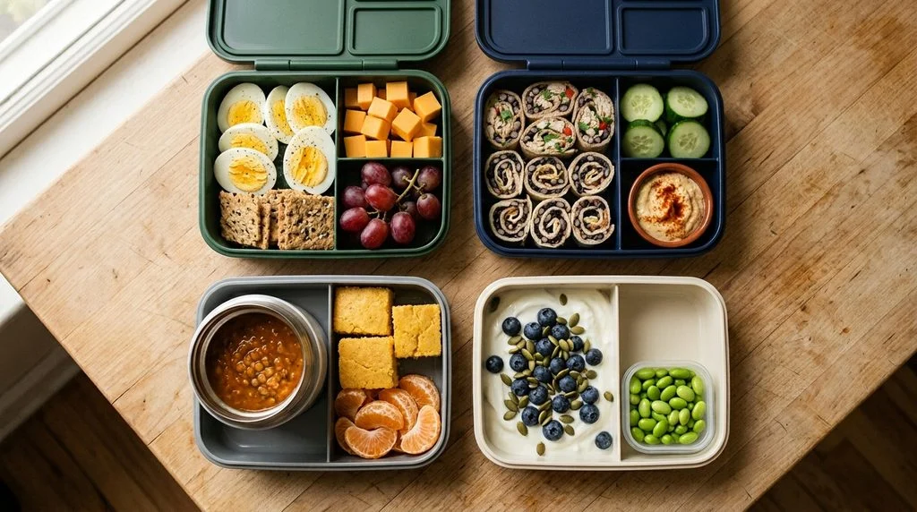 Four open school lunch boxes filled with high-protein foods including hard-boiled eggs, cheddar, chicken pinwheels, lentil soup in a thermos and Greek yogurt with pumpkin seeds.