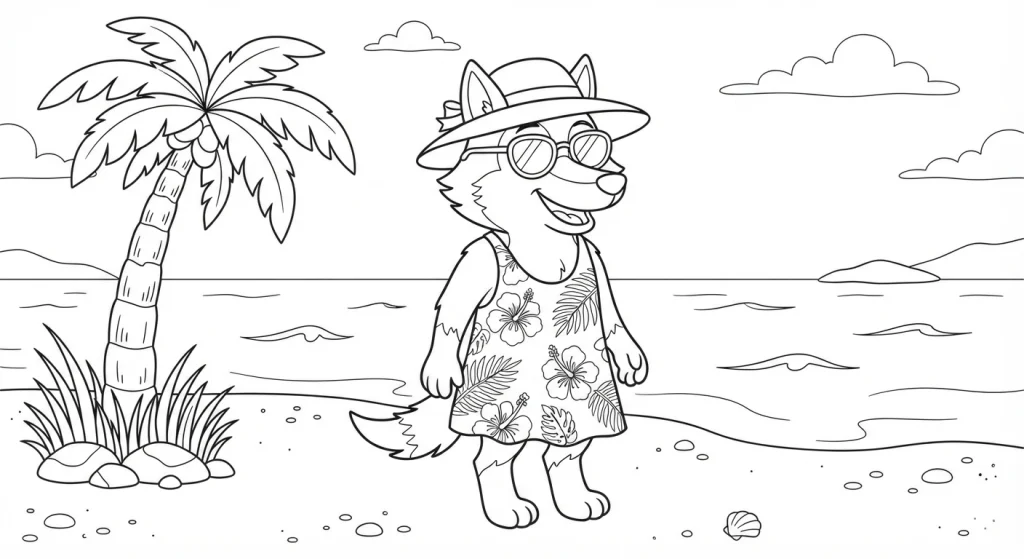 Cartoon duck walking through a forest, coloring page style