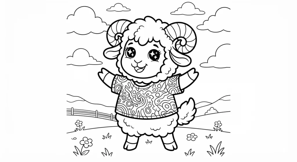 Cartoon sheep in a tie-dye shirt against a cloudy sky, coloring page style