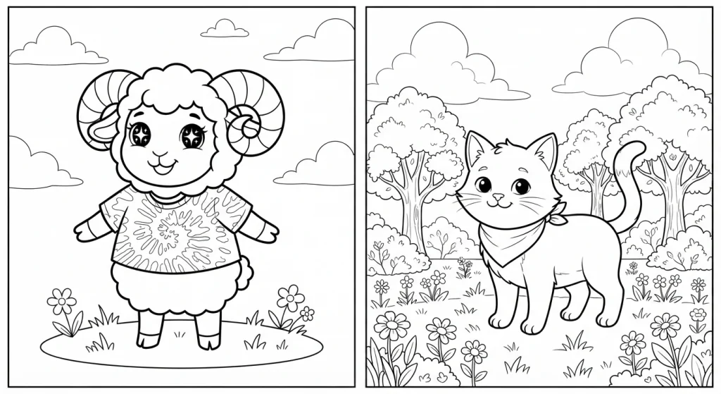 Cartoon cat standing in a meadow, coloring page style