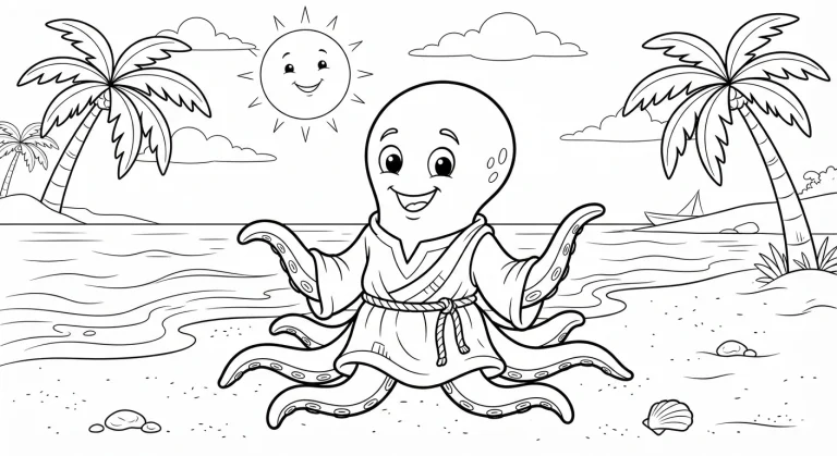 Cartoon child on a tropical beach coloring page