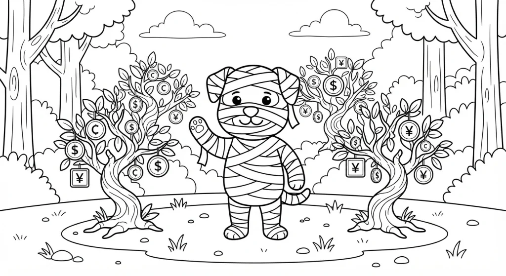 Cartoon dog wrapped in bandages near coin trees, coloring page style