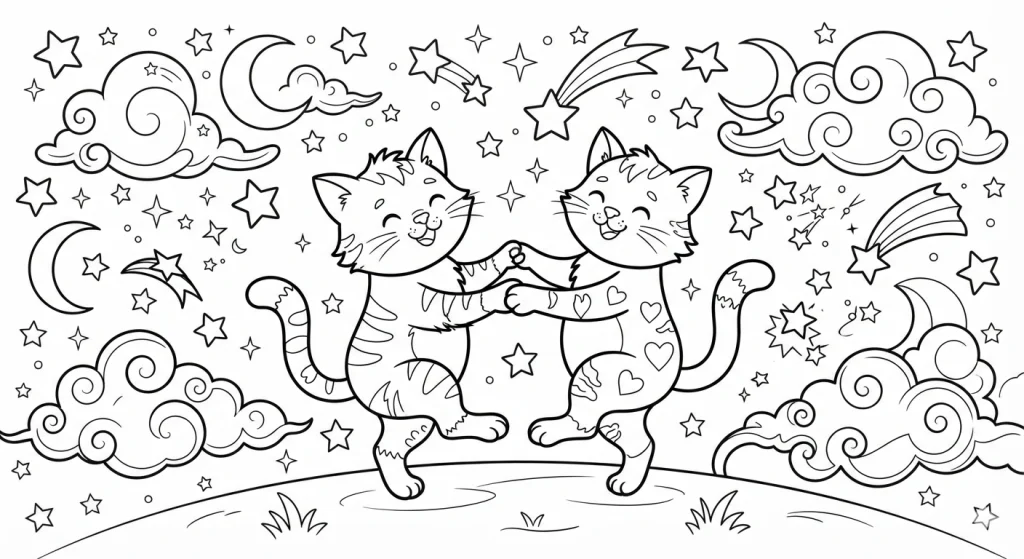 Two cartoon cats dancing together among stars, coloring page style
