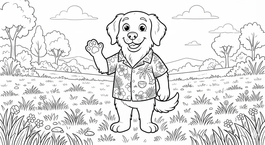 Cartoon dog character in a tropical shirt standing in a field, coloring page style