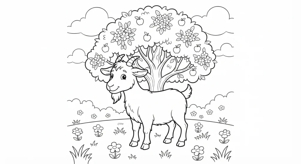 Cartoon goat standing near a blooming tree, coloring page style