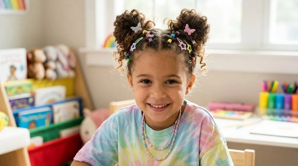 Girl with space buns hairstyle.