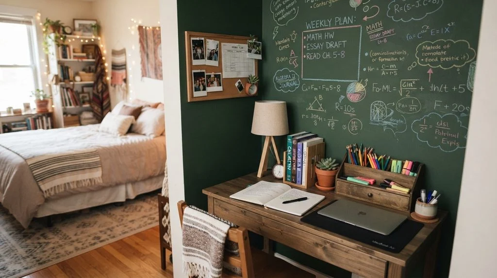 Kids' homework desk area with chalkboard paint accent.