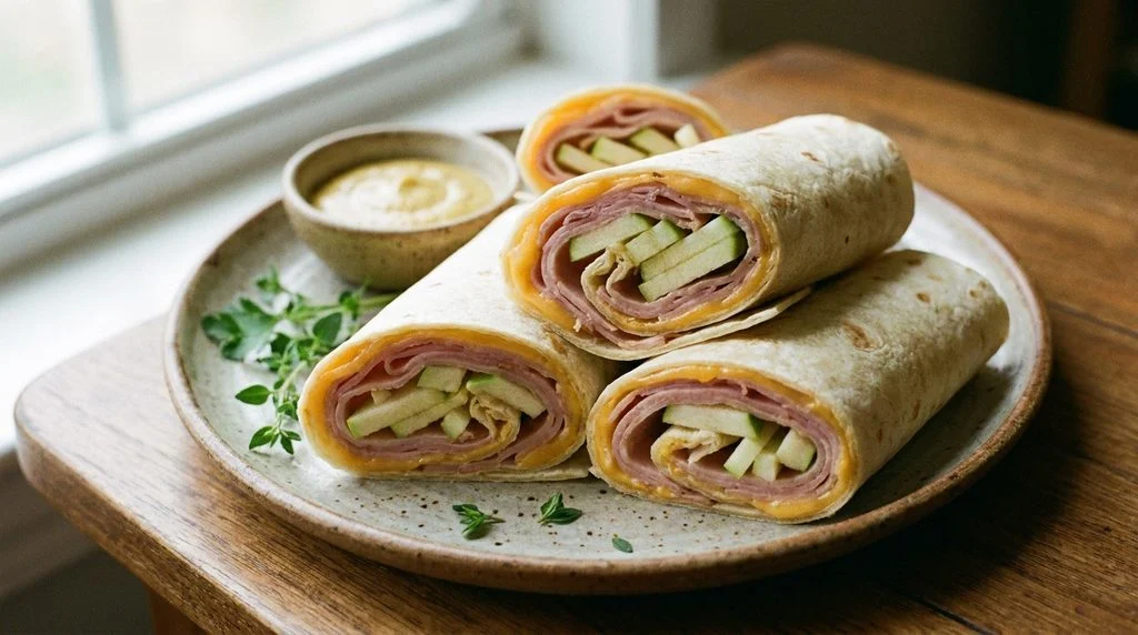 Ham, cheese and apple wraps sliced into pinwheels for a school lunch