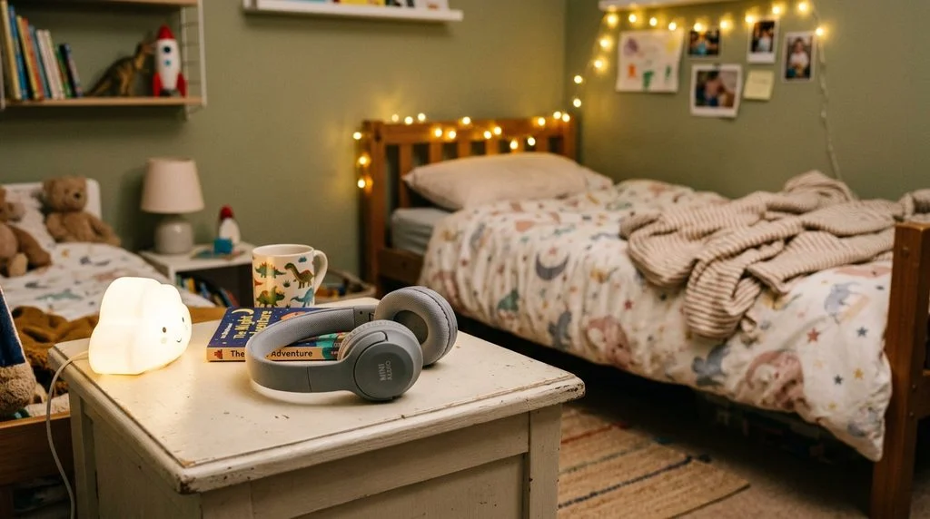 Kid-friendly headphones on a nightstand in a shared bedroom, letting each child listen without disturbing the other.