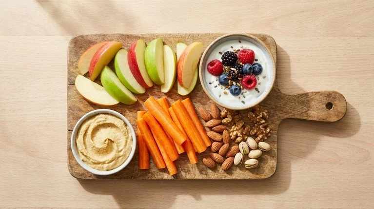 A colourful spread of healthy snacks for kids including fruit, vegetables and yogurt