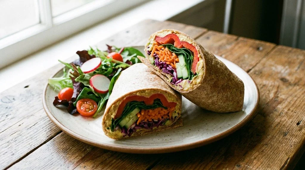A sliced hummus and vegetable wrap, a non-sandwich school lunch idea