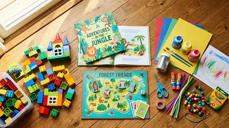 Flat-lay of indoor activity supplies including crafts, games, and books for kids.