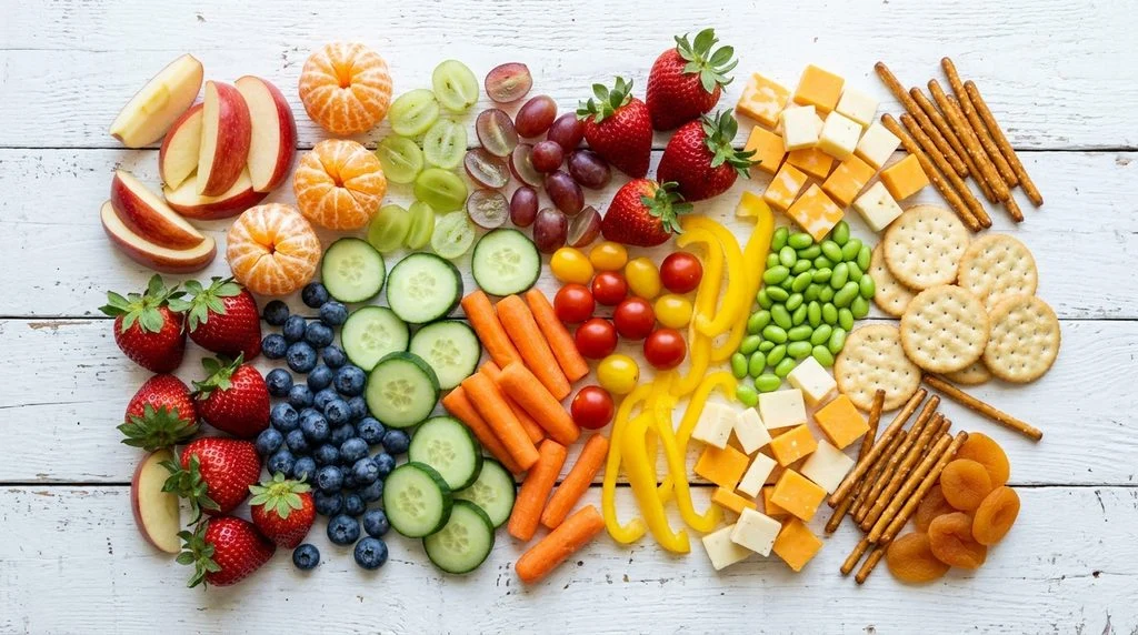Overhead spread of lunch box sides including apple wedges, clementines, grapes, berries, cucumber, carrots, cherry tomatoes, peppers, edamame, cheese cubes, crackers and pretzels.