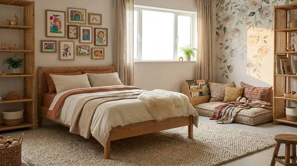 A finished kids' bedroom combining a reading nook, gallery wall and cozy layered textures
