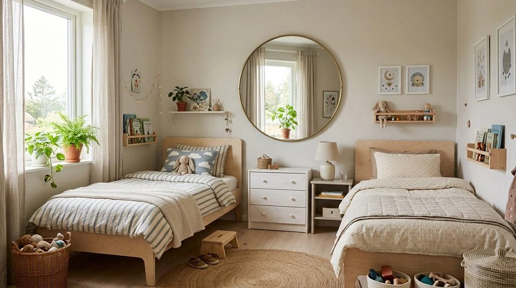 A small shared bedroom made to feel larger with neutral walls and a large mirror