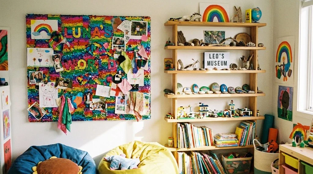 Two personal display areas, a pinboard and display shelves, for each child to personalize in a shared room.