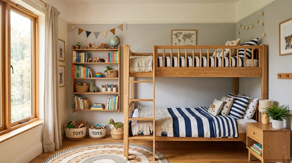 A tidy, well-organized shared kids' bedroom with bunk beds and matching bedding