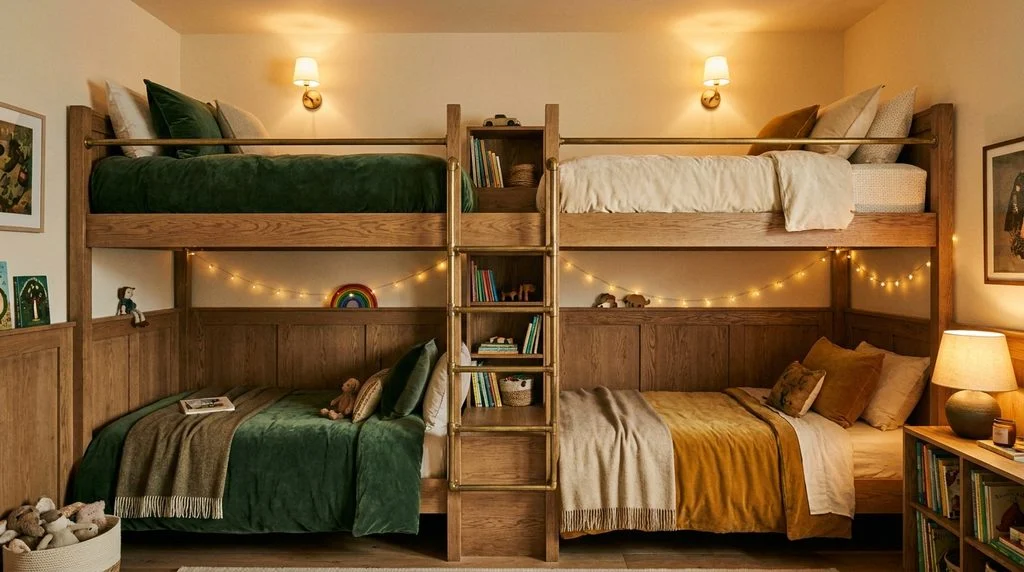 Wooden bunk beds with cozy bedding in a shared kids' bedroom