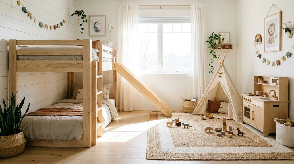 Bunk beds used to maximize floor space in a shared kids room.