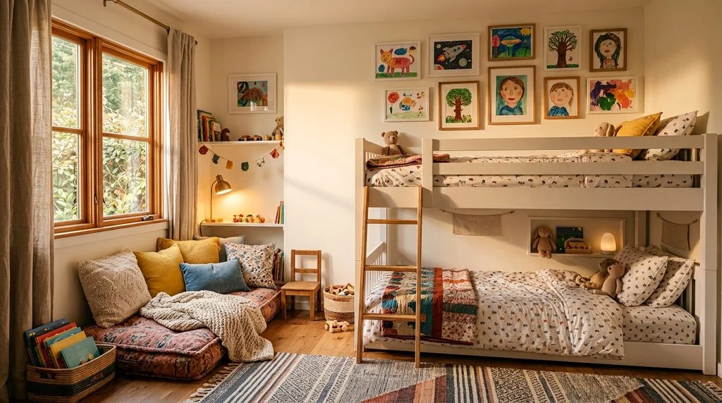 A finished small shared kids' bedroom balancing shared space with personal touches