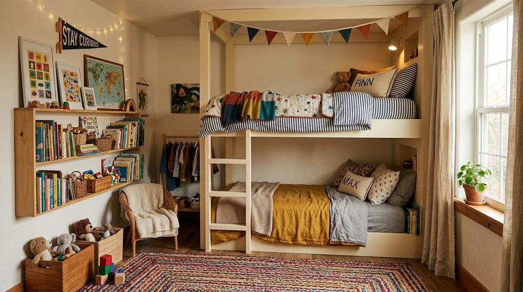 A finished shared kids' bedroom balancing smart storage with personal touches