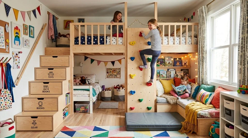 Indoor climbing feature with built-in storage in a shared kids' bedroom