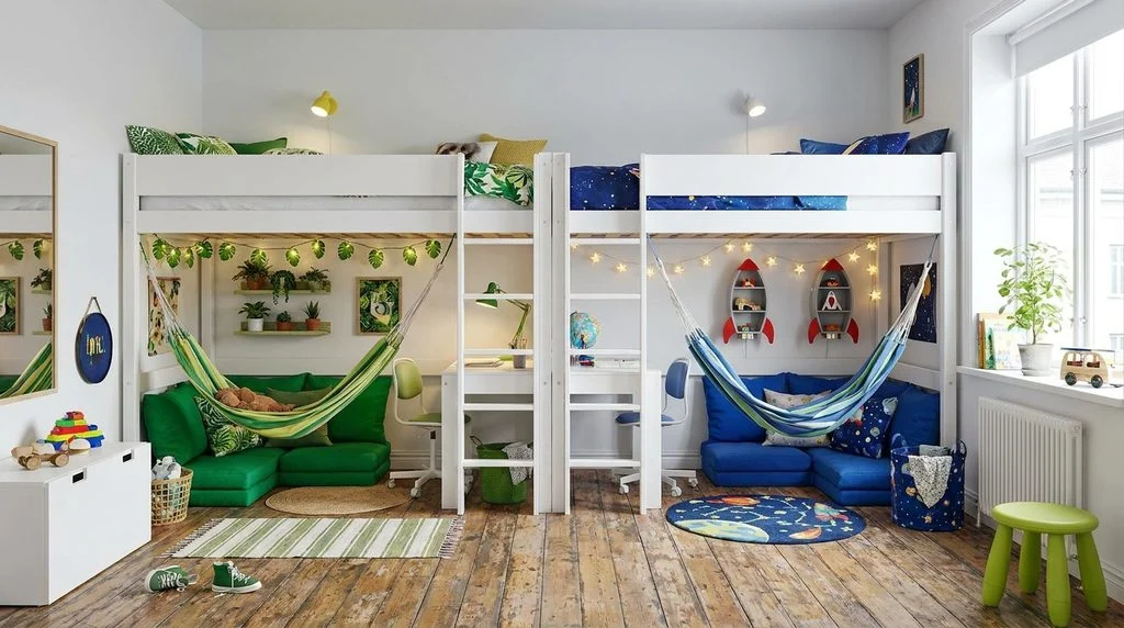 Two loft beds in a shared kids' room with personalized hangout and storage zones underneath each.