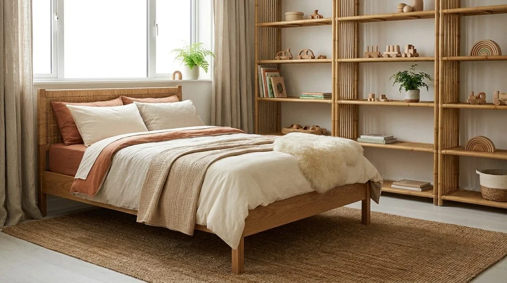 A sustainable kids' bedroom using natural wood, bamboo and organic textiles