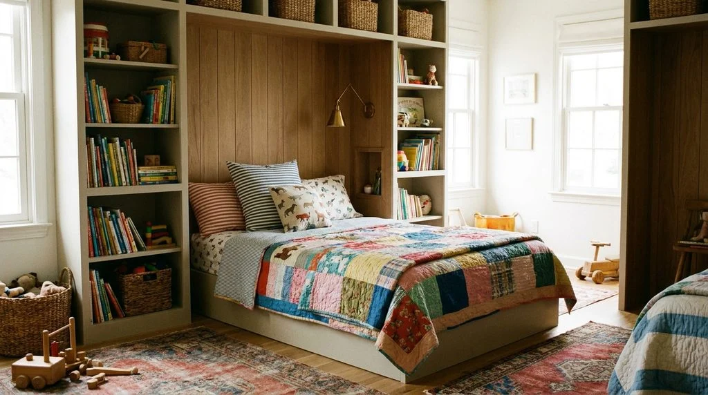 A twin bed nestled into a recessed wall nook with built-in shelving in a shared kids' bedroom.